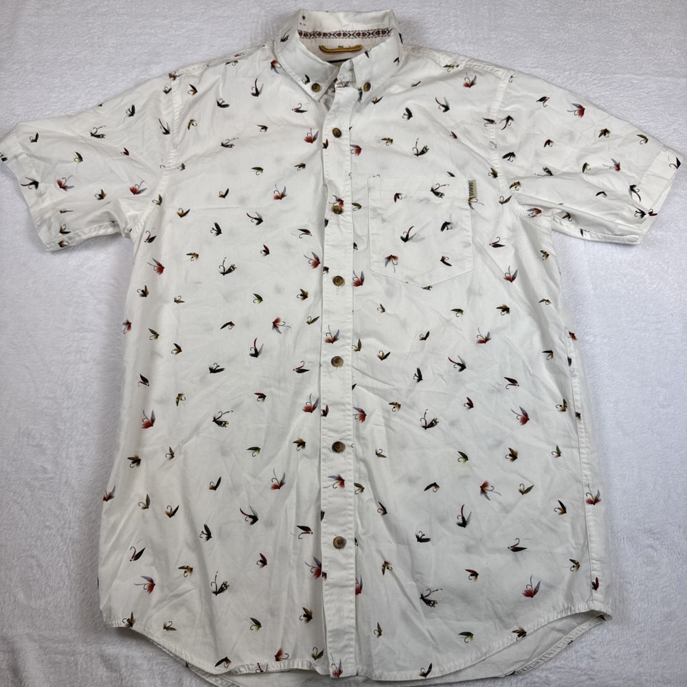 Dravus Button Down Shirt Men's S White Fly Fishing Geometric AOP Short Sleeve